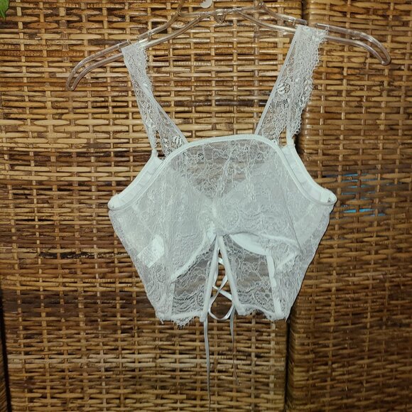 Boho Rock Moto Boho White Sheer Lace Crop Top Corset Underwire Boning SZ L Laced - Picture 5 of 6